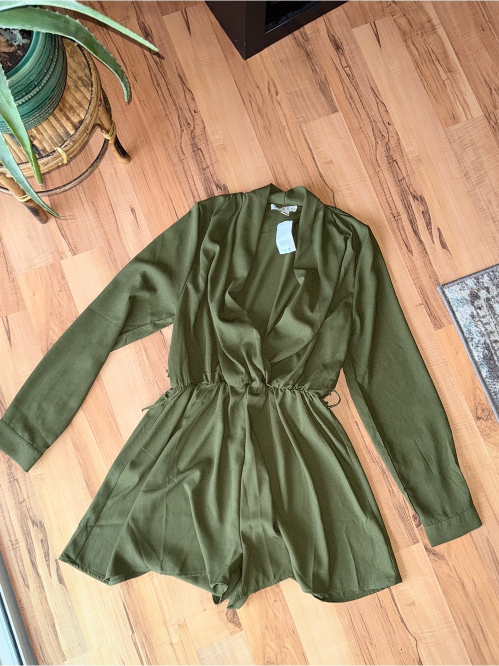 Discovery Olive Wrap Romper with Drawstring Waist